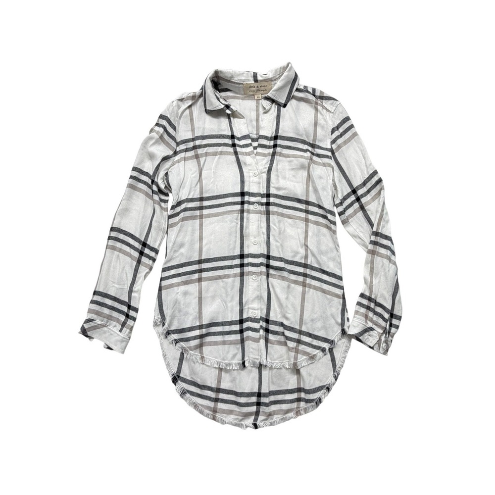 Cloth & Stone Plaid Button Down Shirt White Black Frayed Hem XS NWOT New